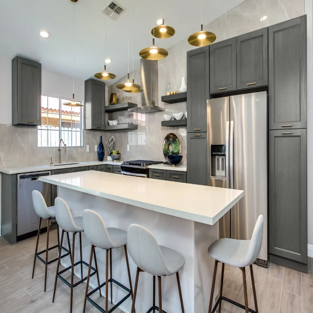 Elegant grey modern solid wood modular kitchen cabinet
