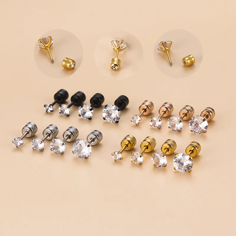 Stainless steel ear studs zircon screws ear plugs sleep free ear studs fashion and high grade earrings