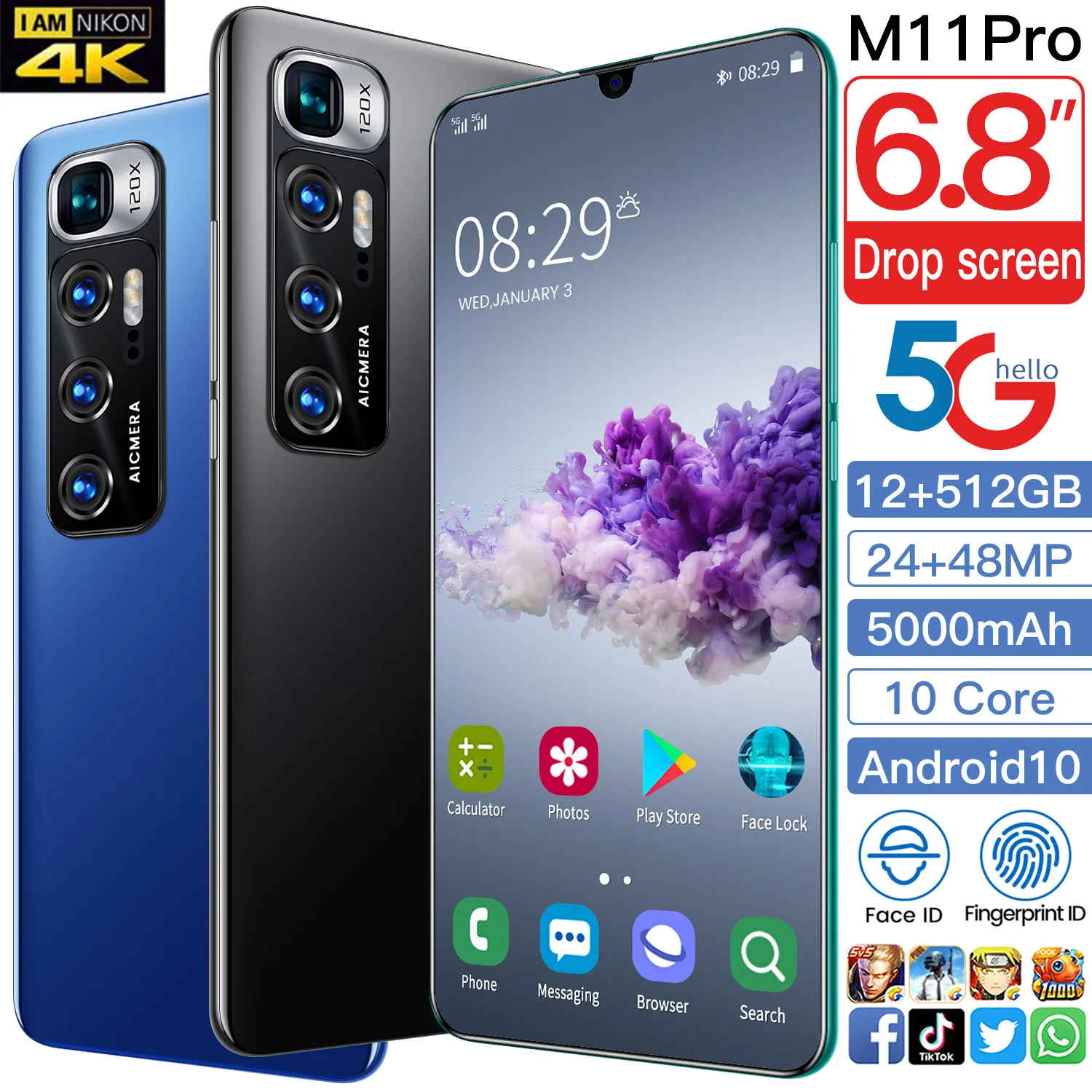  Разблокированный смартфон M11 Pro с функцией распознавания лица и двумя SIM-картами Android 2021 12 Гб + 10 0 ГБ 512 дюйма новинка 6