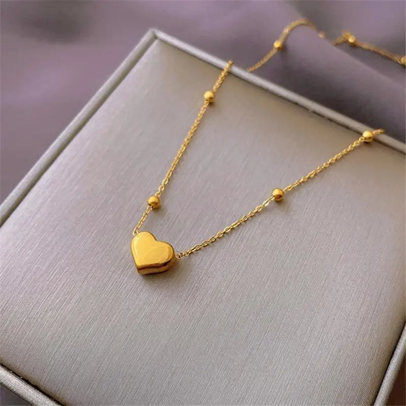 New Arrival Lovers Love Heart Shape Pendant Beaded Chain Stainless Steel 18K Necklace For Women