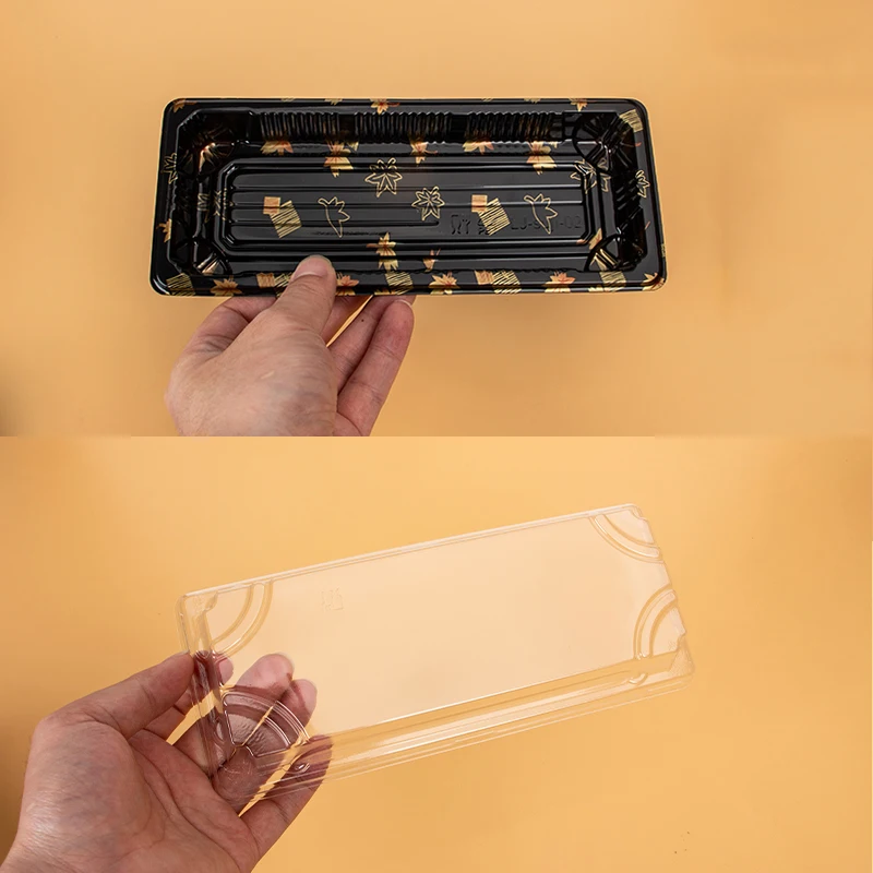 Food Grade Disposable PET Plastic Plate Leak Proof Sushi Tray Container Japanese Sushi Takeaway Packaging Box with Lid