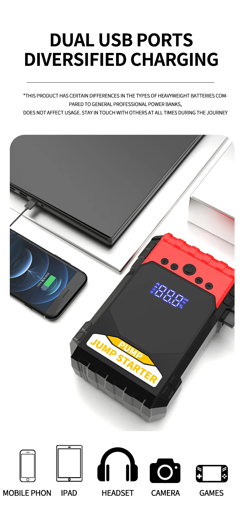 12 24 Volt Emergency Portable Jump Starter with Air Compressor 1000A Power Bank Tire Inflator Pump 12V Starting Device Car Boost