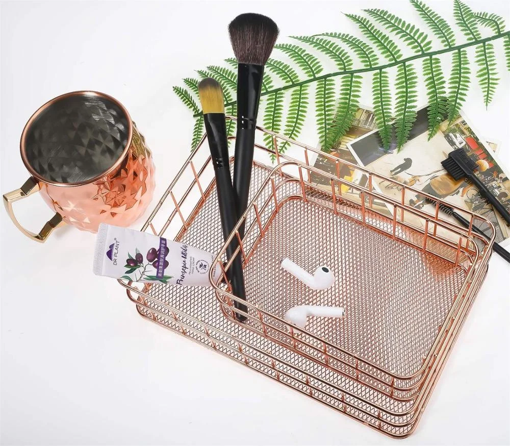 RTS 550-14B Nordic style rose gold wire mesh storage basket makeup brush organizer
