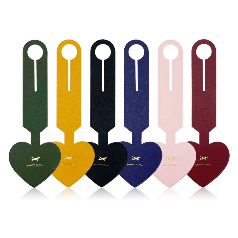 Personalized Long Heart Shaped Gold Stamping Foil Logo Leather Luggage Tag