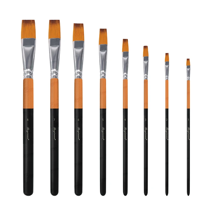 Premium Nylon Hair Art Paint Brush 8psc Flat Peak in Black Gold Color New Design for Acrylic and Watercolor Painting