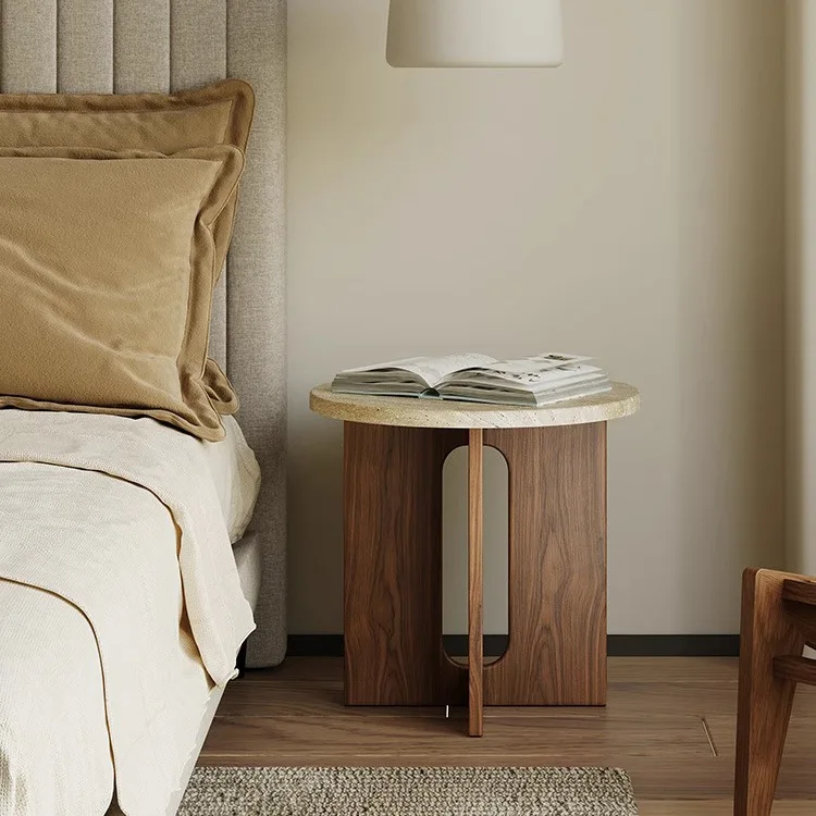 Living Room Small Coffee Table Solid Wood Travertine Sofa Side Table Corner wabi sabi Balcony Small Round Table