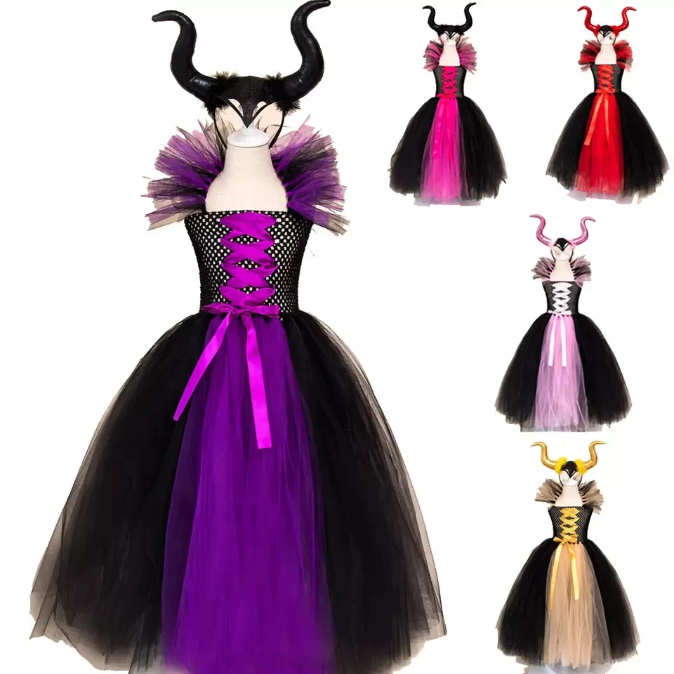 Costume Maleficent Horns Kids Halloween Fancy Christening Black Glam Gown Tutu Dresses Demon Queen Witch dress for baby girl