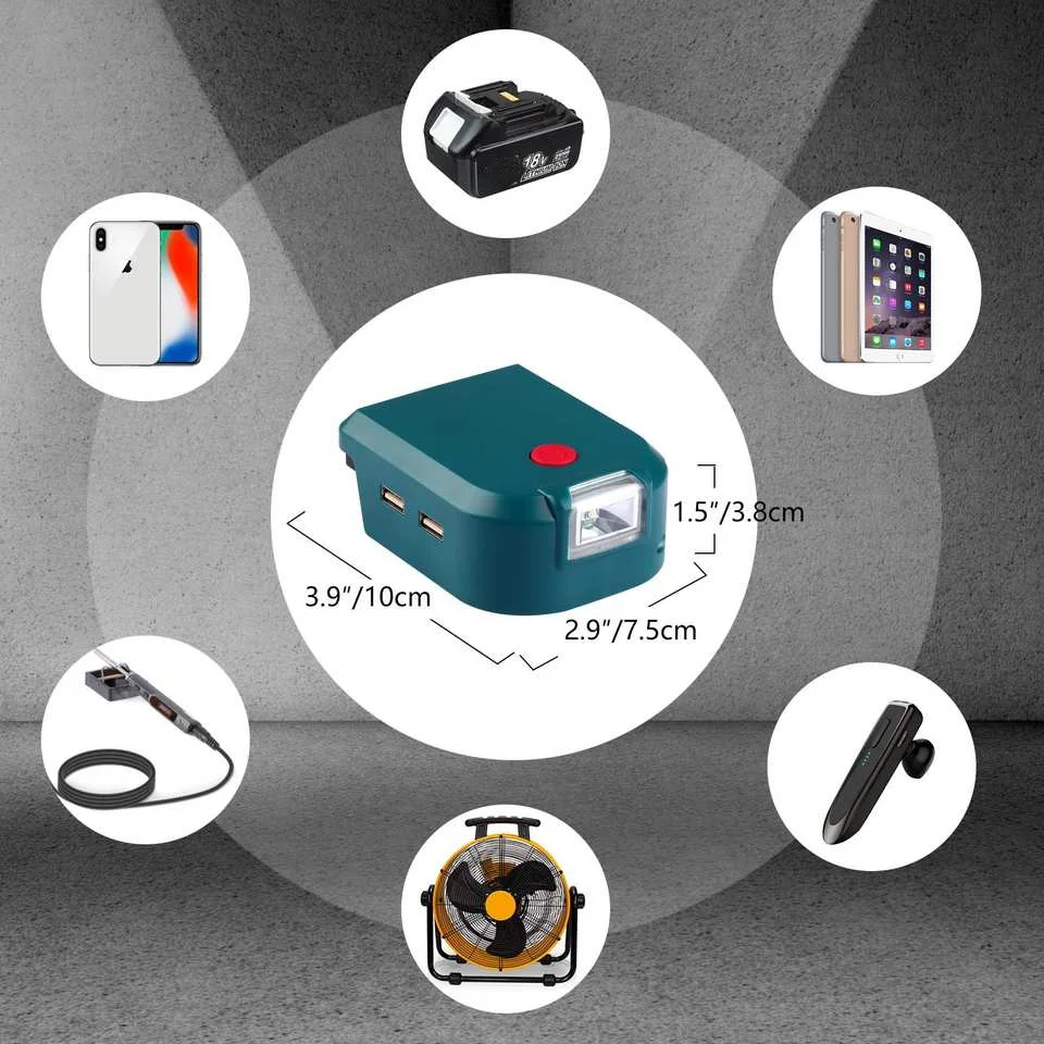 Urun Battery Adapter LED Light with 2 USB Port suit for Makita 14.4-18V Lithium Battery Power Source charger adapter