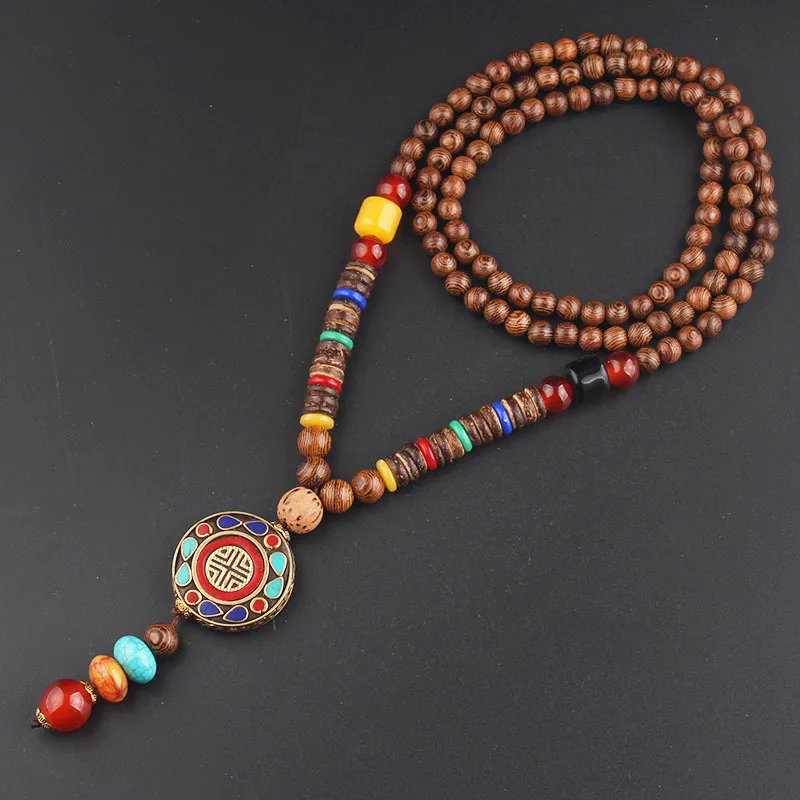 PUSHI nepal Vintage Ancient Natural Stone pendant geometrical wooden beads necklace jewelry bohemian long necklaces