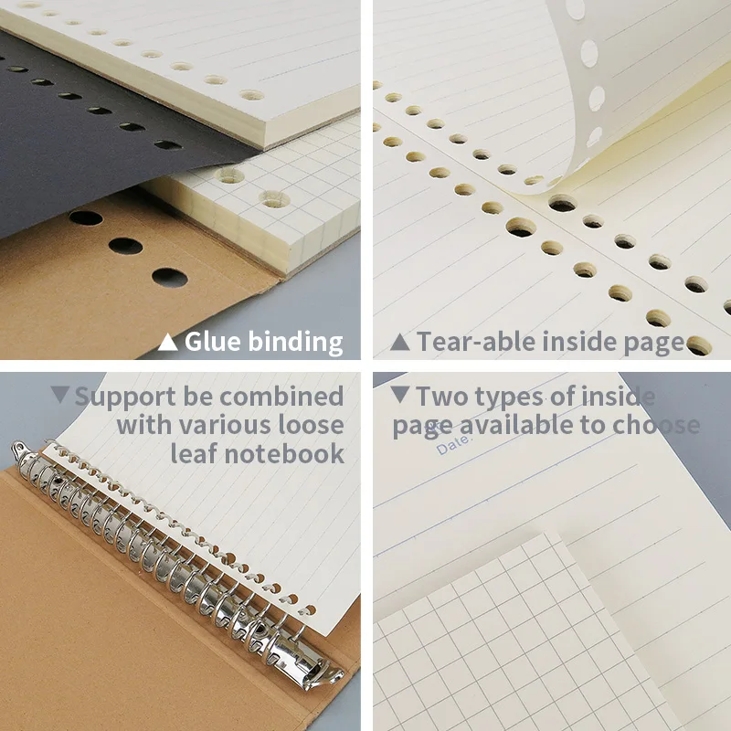 50 sheets A4 A5 B5  kraft & black cover 70g ivory loose leaf refill paper with dot line grid pages