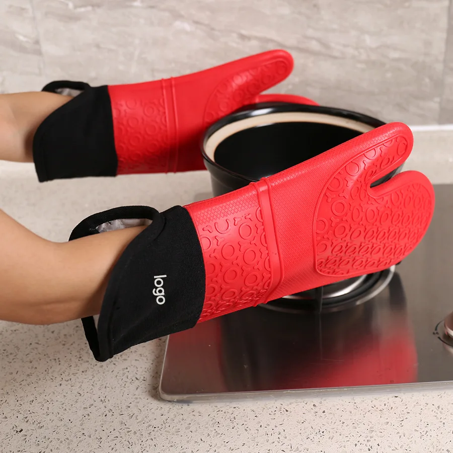 Custom Food Grade Silicone Thick Kitchen Waterproof Cooking BBQ Long Cuff Mitten Heat Resistant  Kitchen Gloves