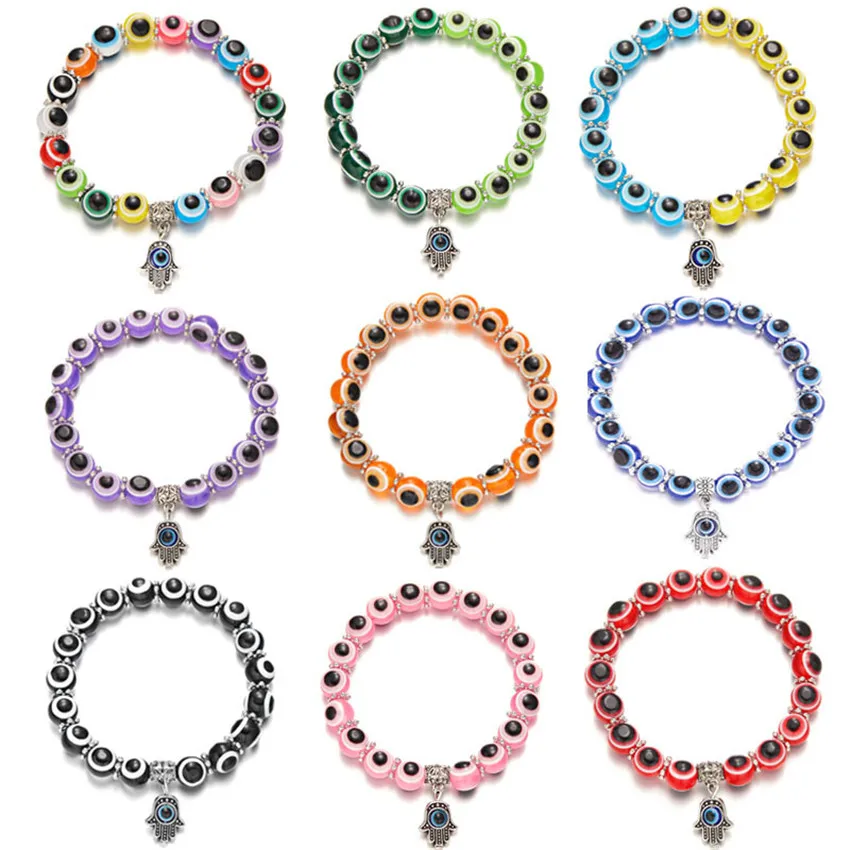 fashion blue Evil Eye bracelet Hand of Fatima Pendant glass beads jewelry for women Elastic rope evil eye beads bracelet