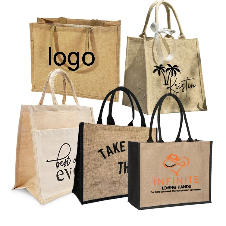 Wholesale Custom Logo Customizing Printed Eco Friendly Fashion Reusable Beach Tote Grocery Shopping Jute Bags