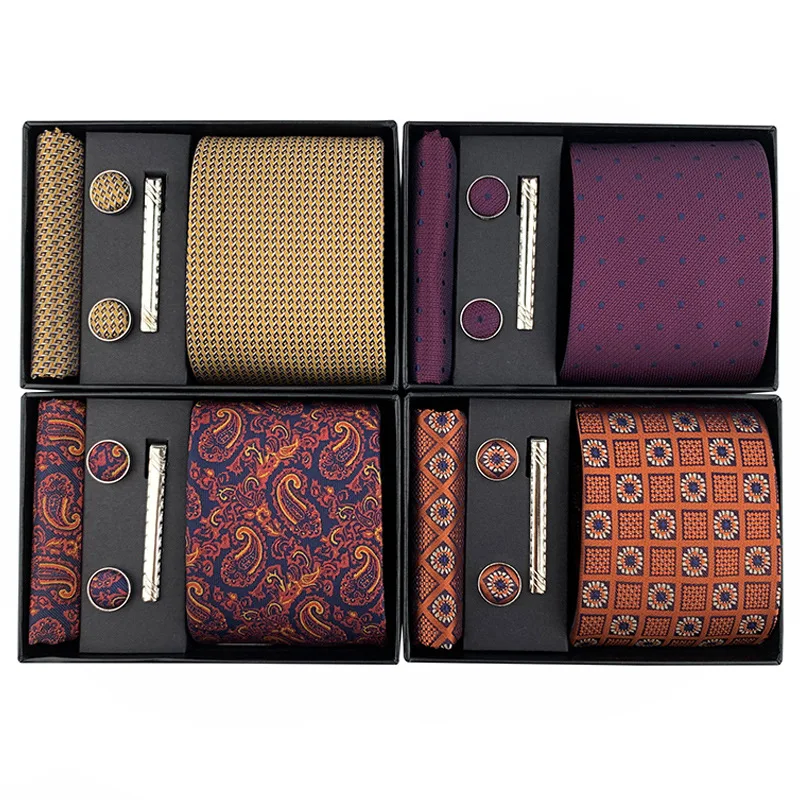 2024 модные мужские запонки из шелкового галстука с платком Набор подарочных коробок на заказ стильные галстуки из полиэстера галстуки Набор для мужчин