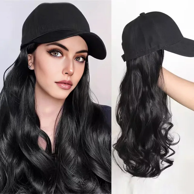 Wholesale Super Quality Long Wavy Natural Wig With Hat Women Heat Resistant Synthetic Hair Wigs Artificial Hair Fiber