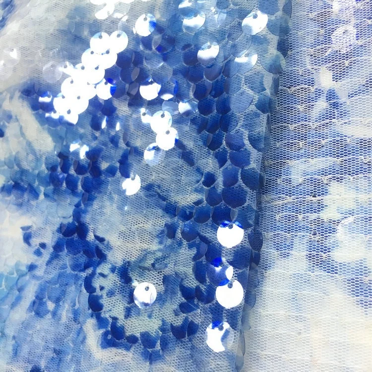 Wholesale 5mm fish scale embroidery transparent mesh printing double-sided sequin fabric