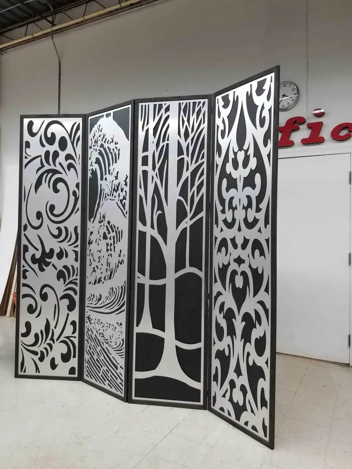 Design living office decor sliding door wall interior panel screen movable partition foldable room metal divider black shelf