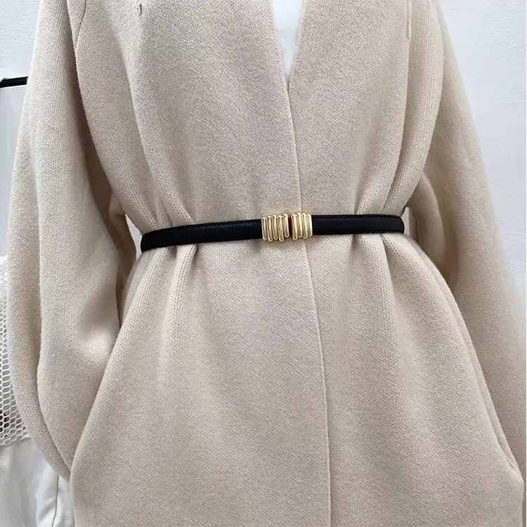 Female Thin Genuine Leather Ladies Belts 1.4cm-1.8cm Women Waist Belts Strap Alloy Gold Buckle Women Ceinture