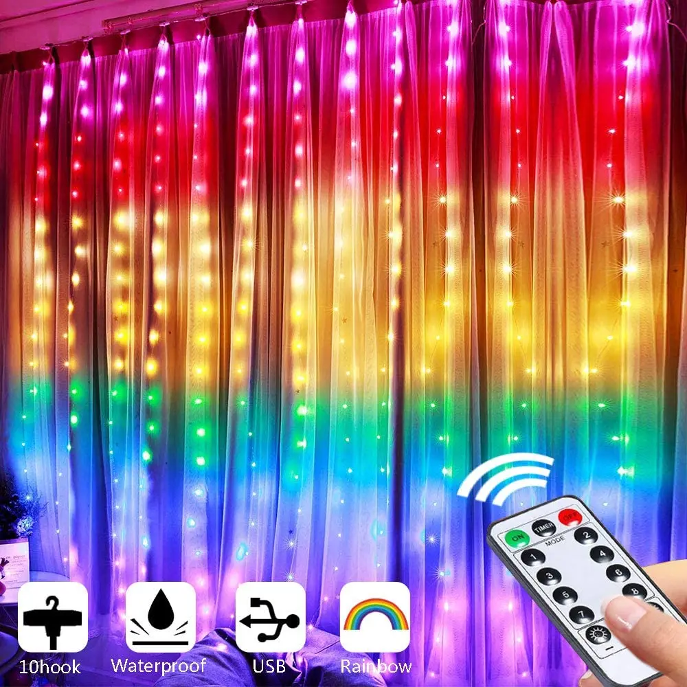 Rainbow color LED USB remote control 3*3 3*2 copper wire lamp curtain Light string Christmas holiday lighting