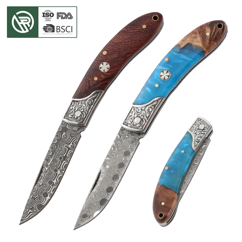Free Sample High Quality 3.15 Inch  Damascus Blade EDC Pocket Folding Knife With Resin Rose Wood Handle For Hunting Camping