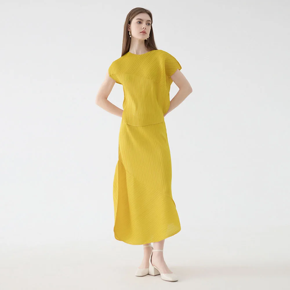 High quality miyake 2 pieces set solid color women irregular hem pleated skirt loose summer casual vacation outfit