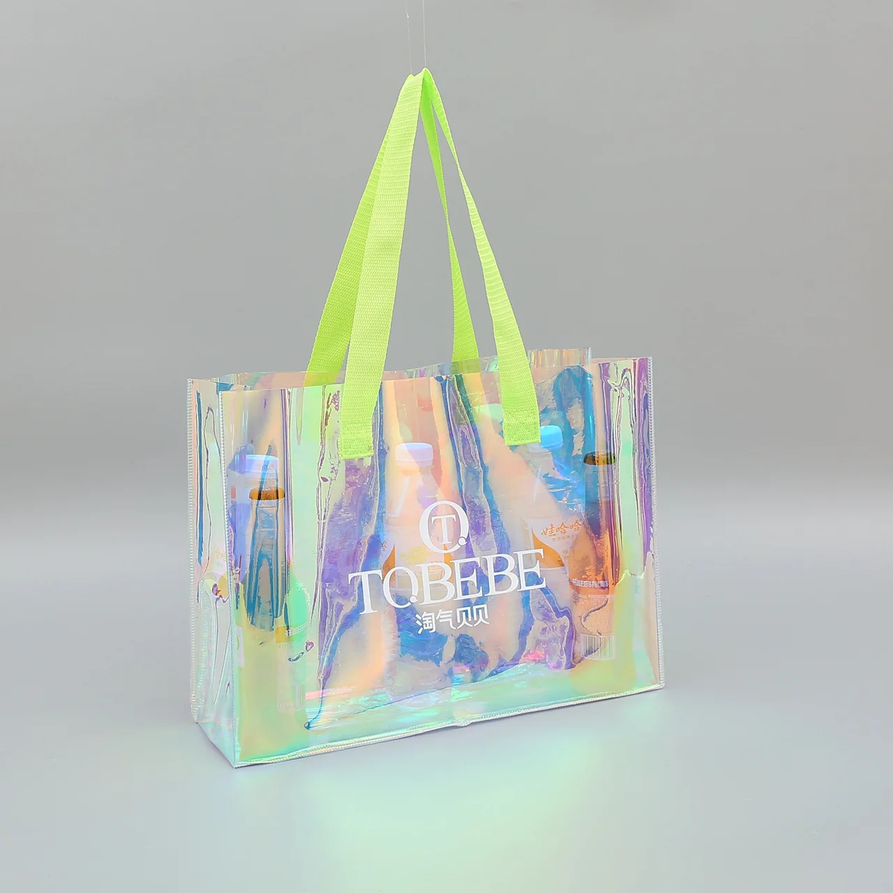 Custom logo transparent ribbon handle plastic travel beach gift holographic PVC shopping tote bag