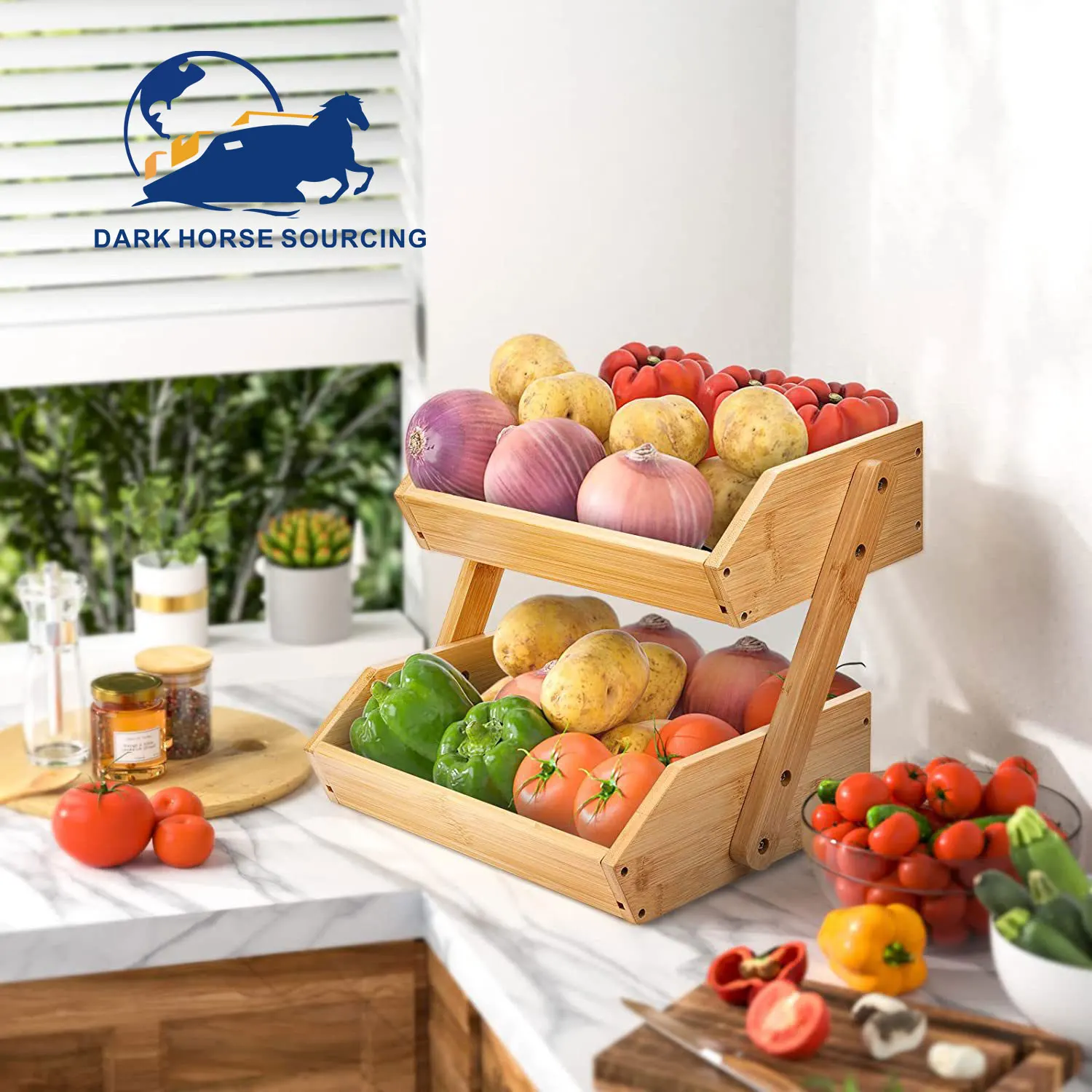 Kitchen Decor Double Layer Bamboo Wooden Fruit Vegetable Storage Rack Vegetable Basket Food Display Rack