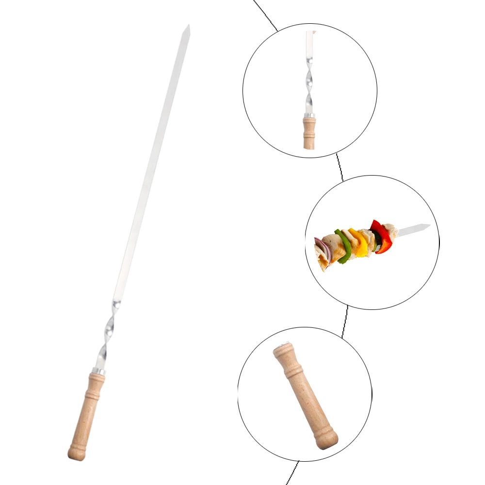 6 PCS portable barbecue skewers stainless steel wooden bbq grill kebab skewer