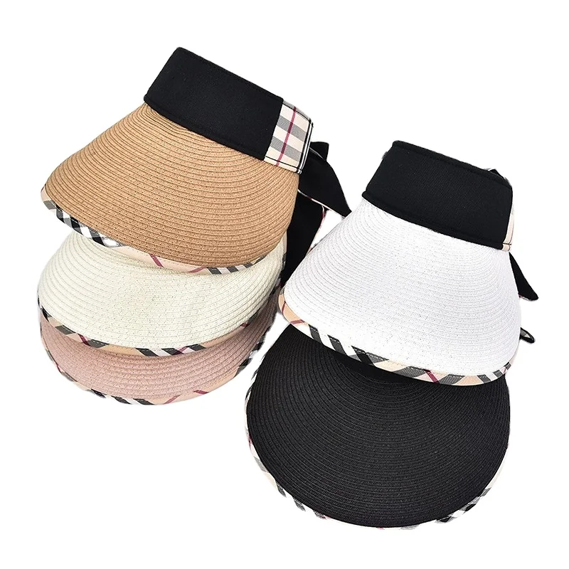 Women Summer New Simple Straw Hat Plaid Printed Big Visor Wide Visor Hat Female UV Protection Hat