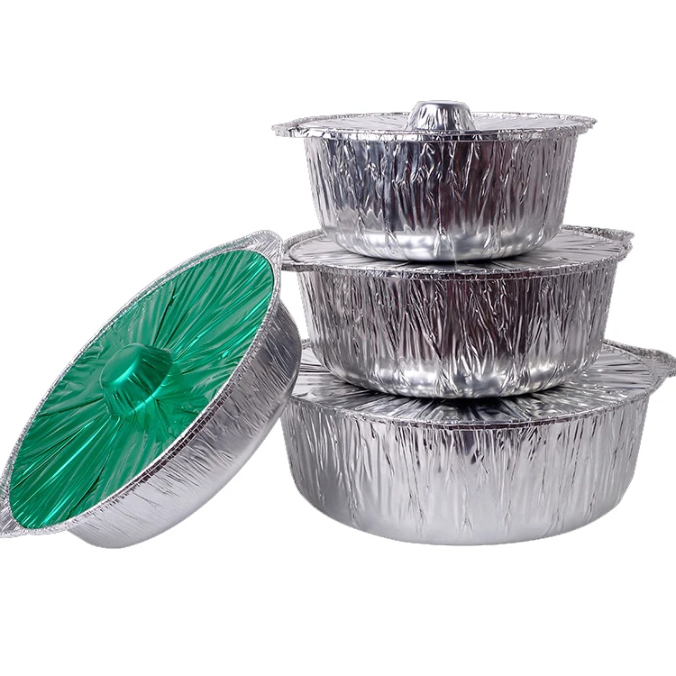 Custom hot food bowls 1000ml waterproof outdoor baking cooking green aluminium round disposable foil hot pots with lids