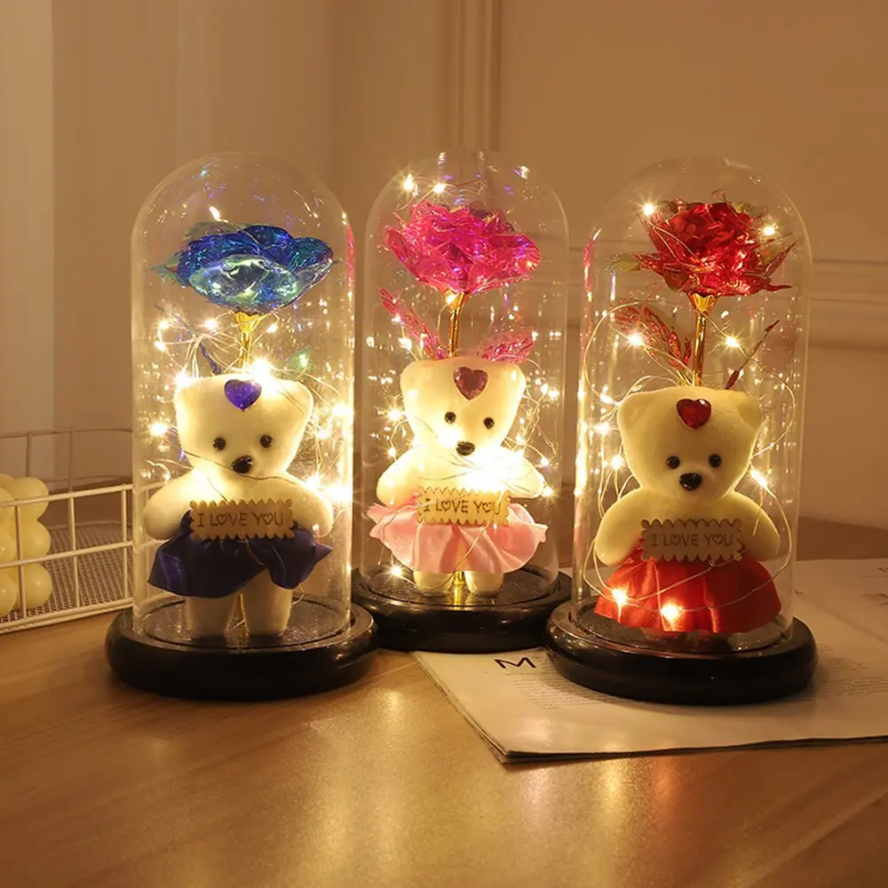 LED Light Colorful Rose Teddy Bear Artificial Eternal Flower Dome Glass Cover Night Lamp Ornaments for Valentine Day Gift