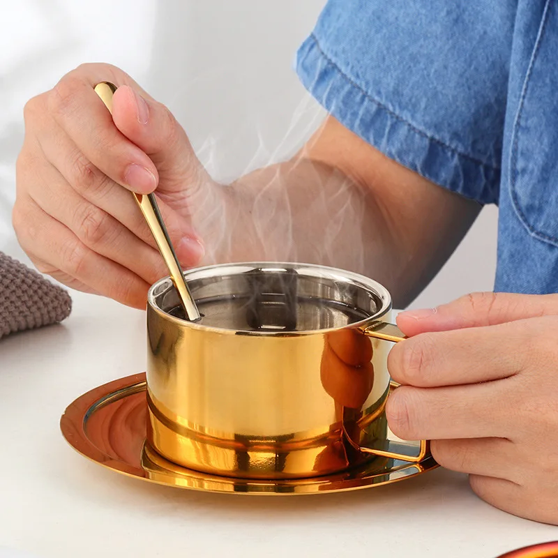 Stainless Steel 304 Double Insulated Coffee Mug and Saucer Set Thickened Household Blender Cup Durable Metal Design