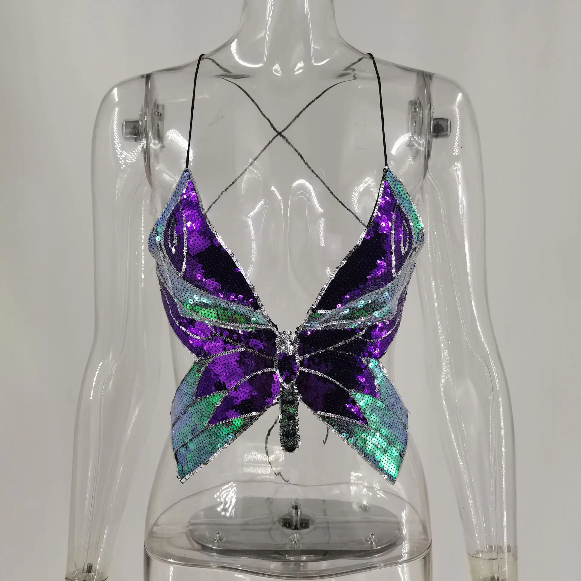 
RS417 2020 women hot style Summer colorful butterfly sequins top Sexy backless V-Neck halter crop top 