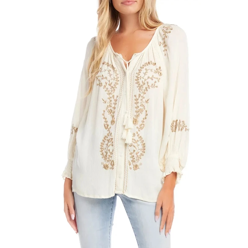 OEM custom design floral summer fashion ladies blouses casual   shirt embroidered cotton top high quality soft blouses for women