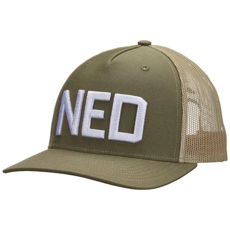 2021 Custom High Quality Olive Tan 5 Panel 3D Embroidery Mesh Caps Hats Custom Trucker Hat