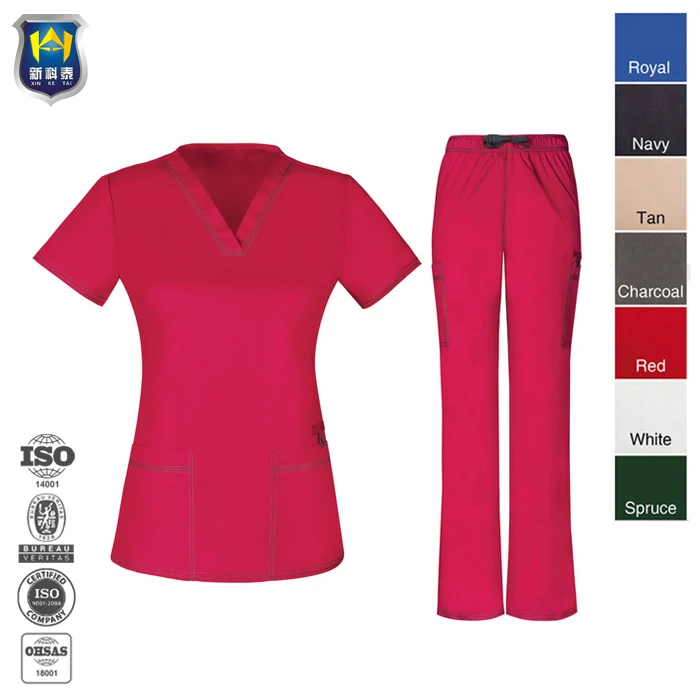 OEM Custom Embroidery Logo Burgundy 2 Pieces Nursing Hospital Uniforms Short Sleeve Nurse Medical Scrubs Uniforms Sets for Women