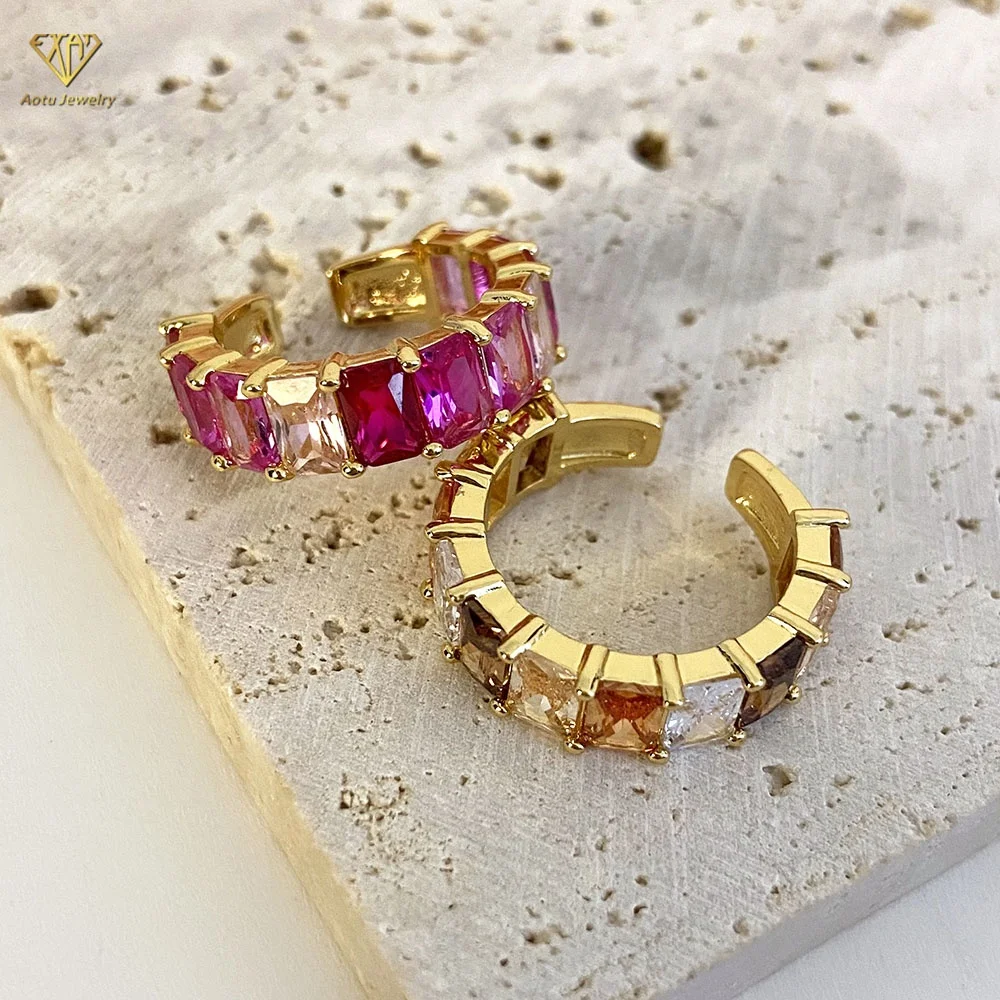 18K gold plated red corundum colorful baguette cz diamond open rings