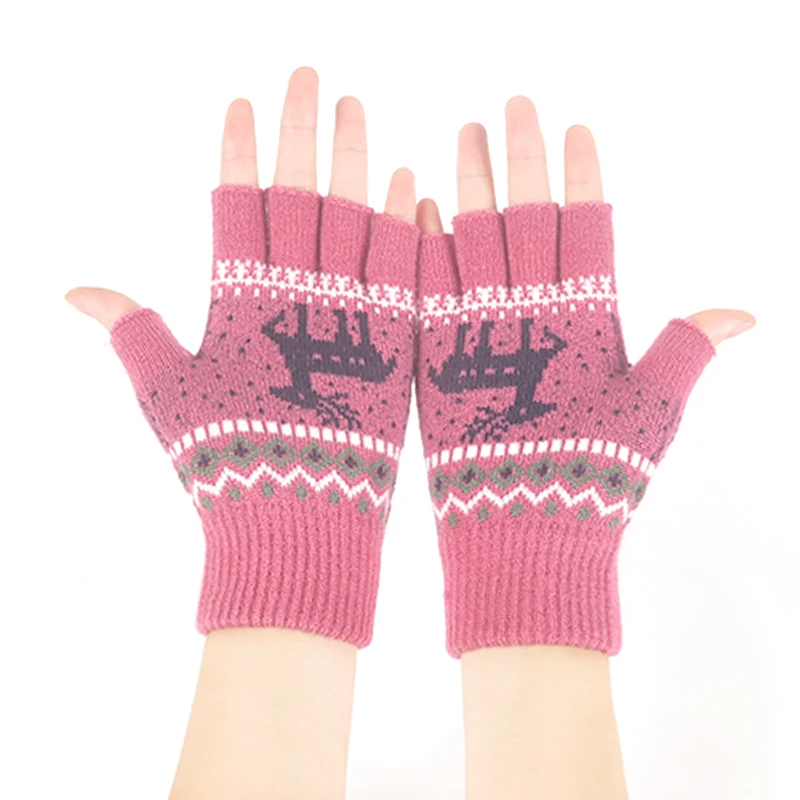 2021 Women Print knitted soft warm half finger wool winter warm  gloves
