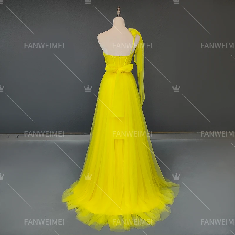 High Quality Sexy Yellow Tulle One Shoulder Evening Party Dress Sleeveless Open Back Bridesmaid Dresses for Women 2023 Vestidos