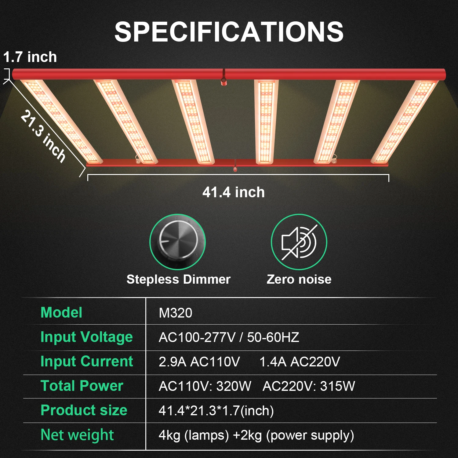  6 Bars Aluminum 320W Grow Light LED for Growing Indoor