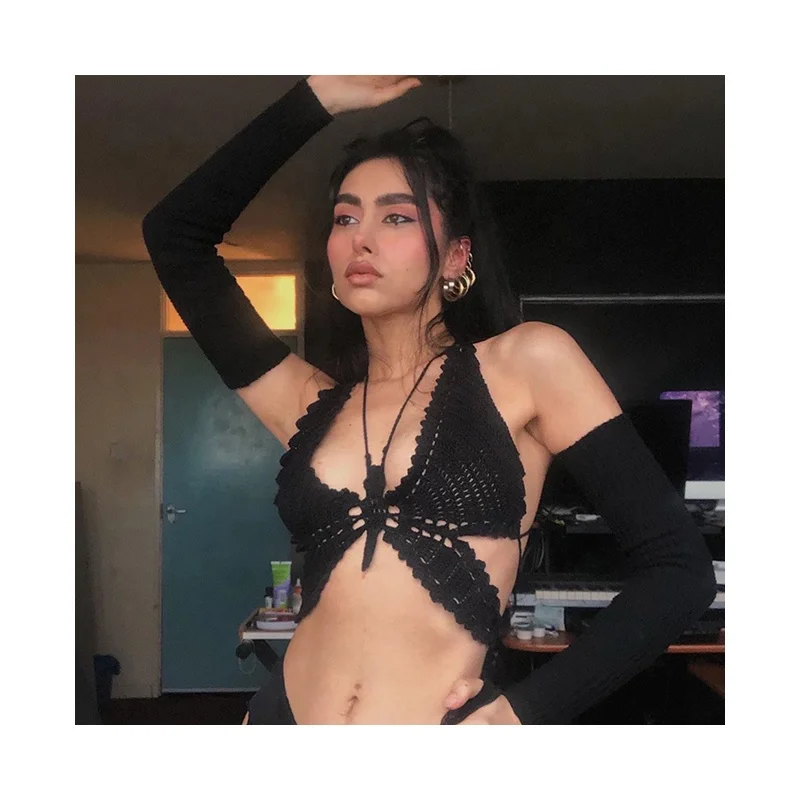 Factory Summer vacation crochet knitted tassels sexy bra women backless solid color beach bikini swimsuit top