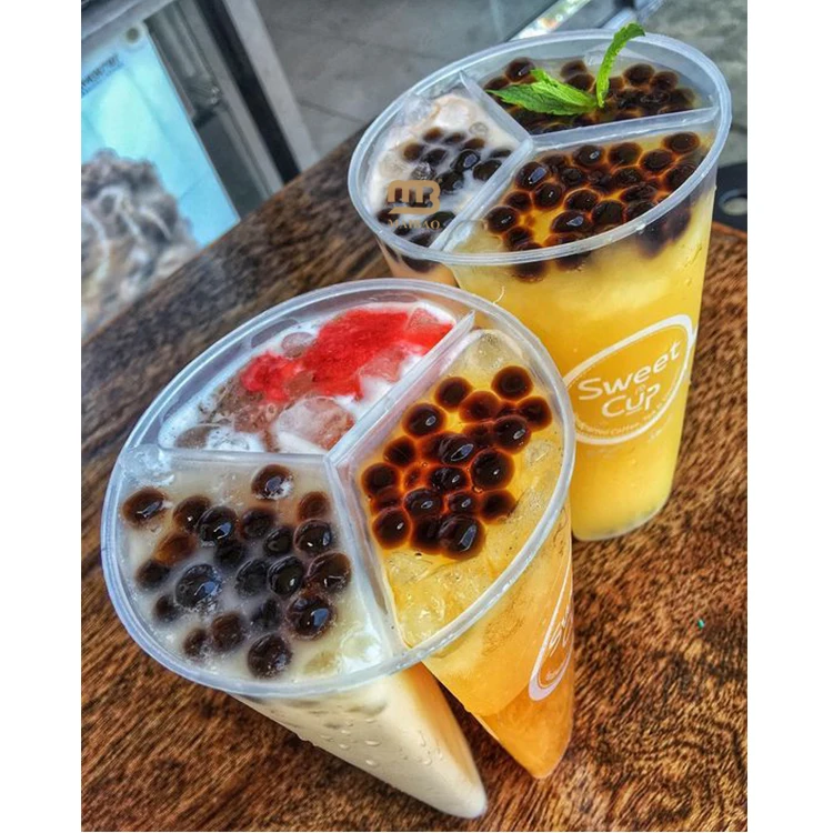 16oz 24oz 700ml boba tea twin split plastic cups with lid PP PET split cup bubble tea juice plastic cups with double compartment