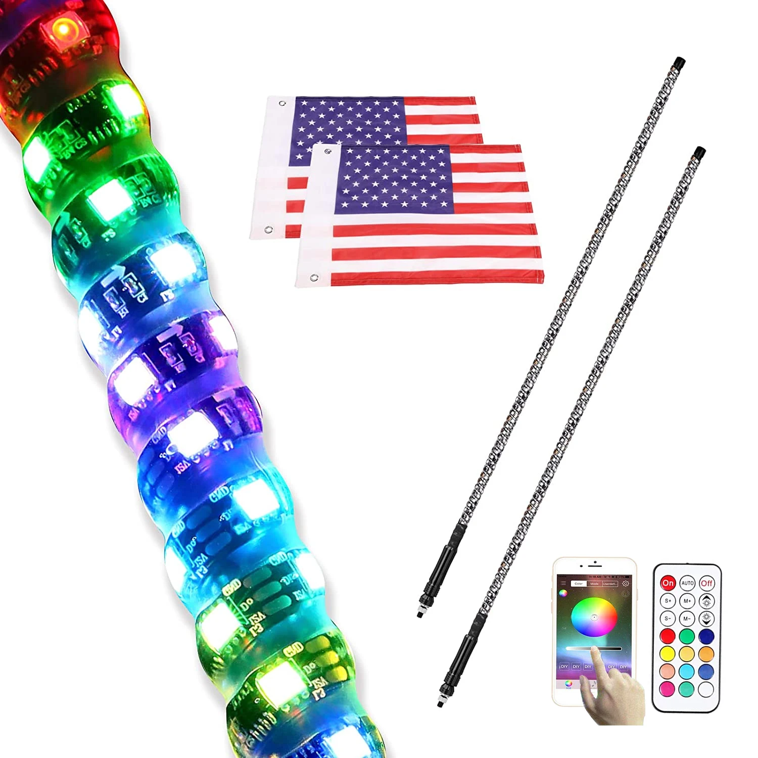 4ft LED Whip Lights B lue tooth & Remote Control Spiral RGB Chase Light Offroad 360 Spiraling Rising Dream Wrapped Dancing Whip
