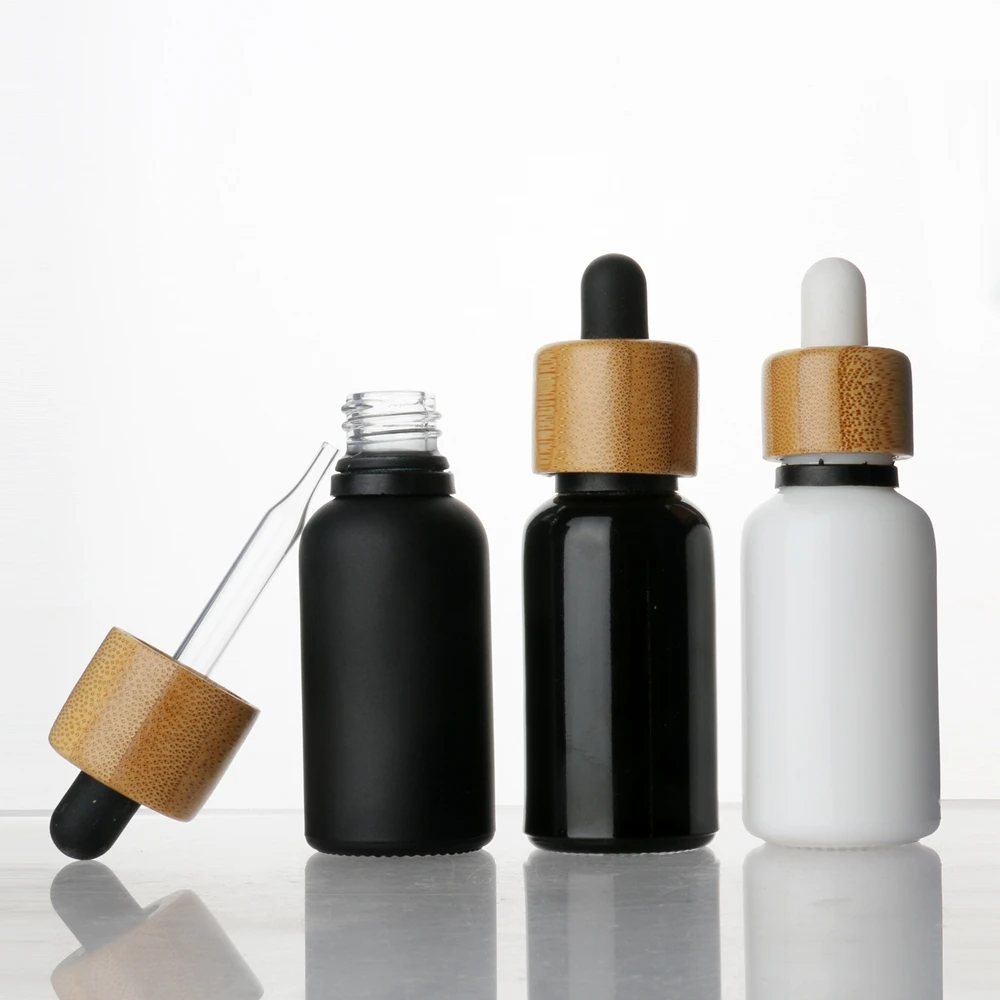 Screen Printing 1oz 2oz 30ml 60ml  matte black amber cosmetic packaging facial essence glass dropper bottle with bamboo cap