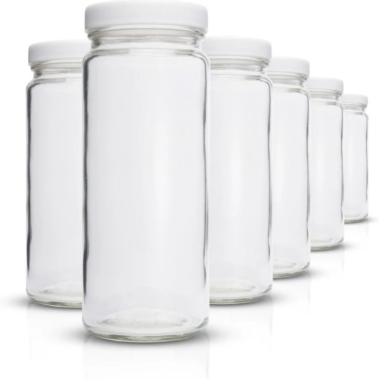 8oz Juicing Clear Glass Water Bottles 6 Pack Wide Mouth Glass Jar with Black Lids for Juice, Smoothies, Beverage Storage  16 oz