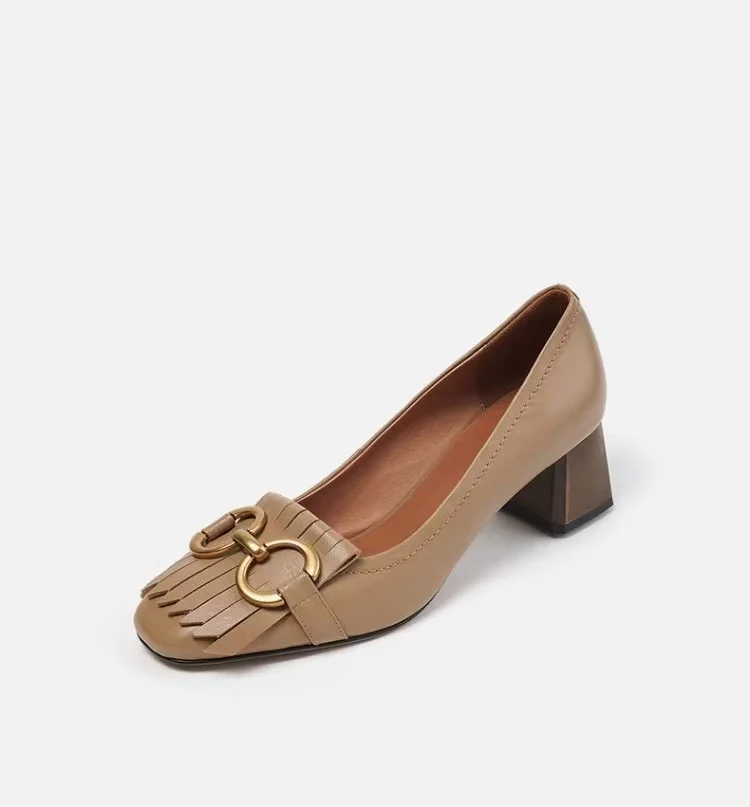 Popular Tassel and Buckle Toe Decoration genuine leather block high heel women pump shoes