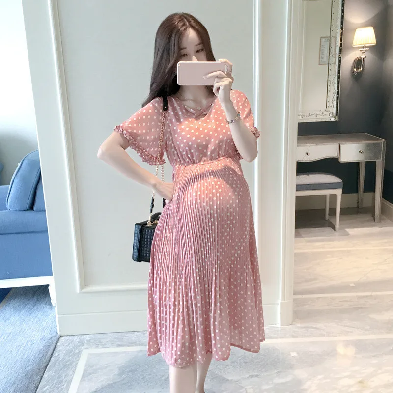 Chiffon Dresses Maternity Clothing For Pregnant Women Short Sleeve V-neck Dot Pregnancy Dress Maternity Summer Dresses