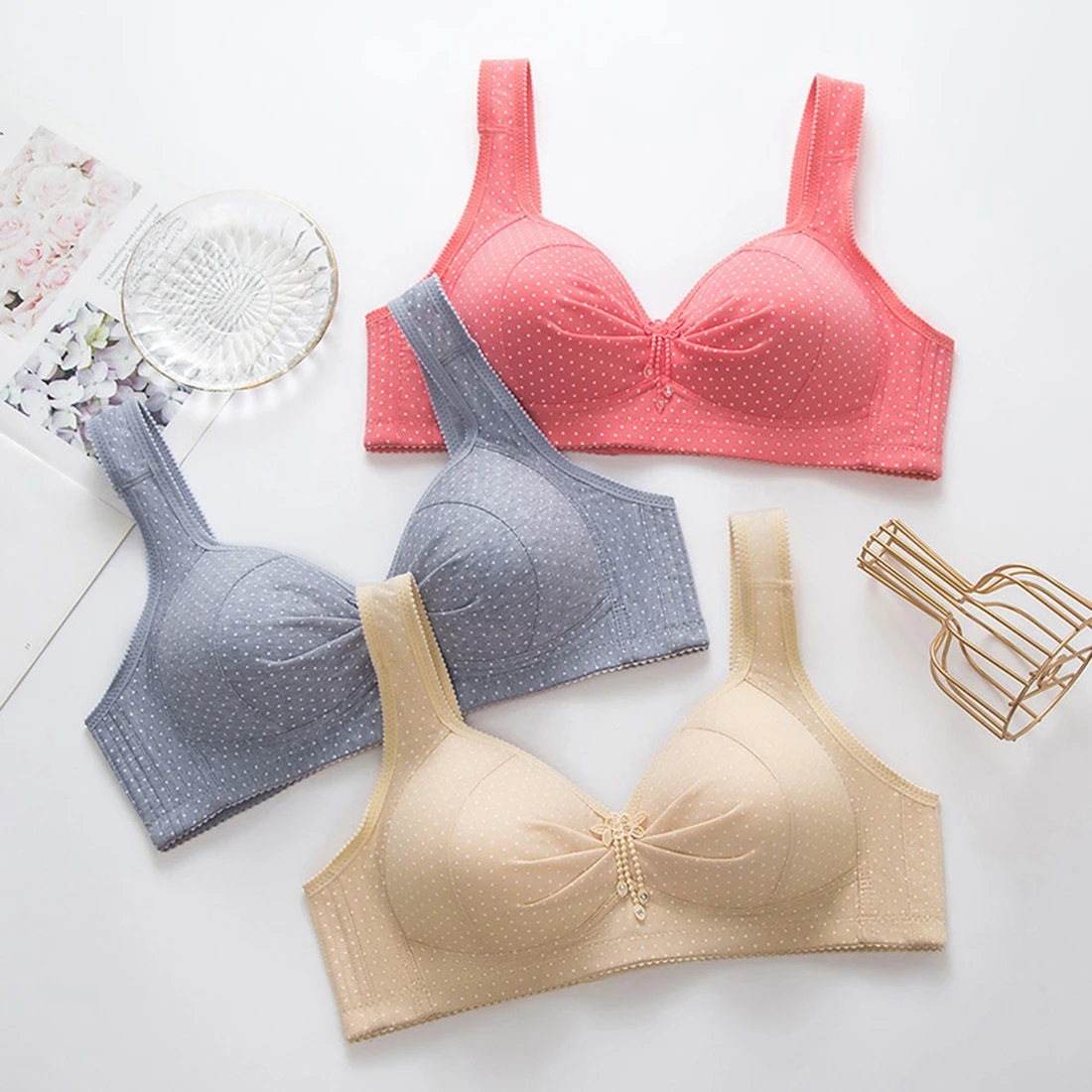  Wire Free Underwear Widened Shoulder Straps Comfort Breast Female Brasieres Back Buckle Cotton Women
