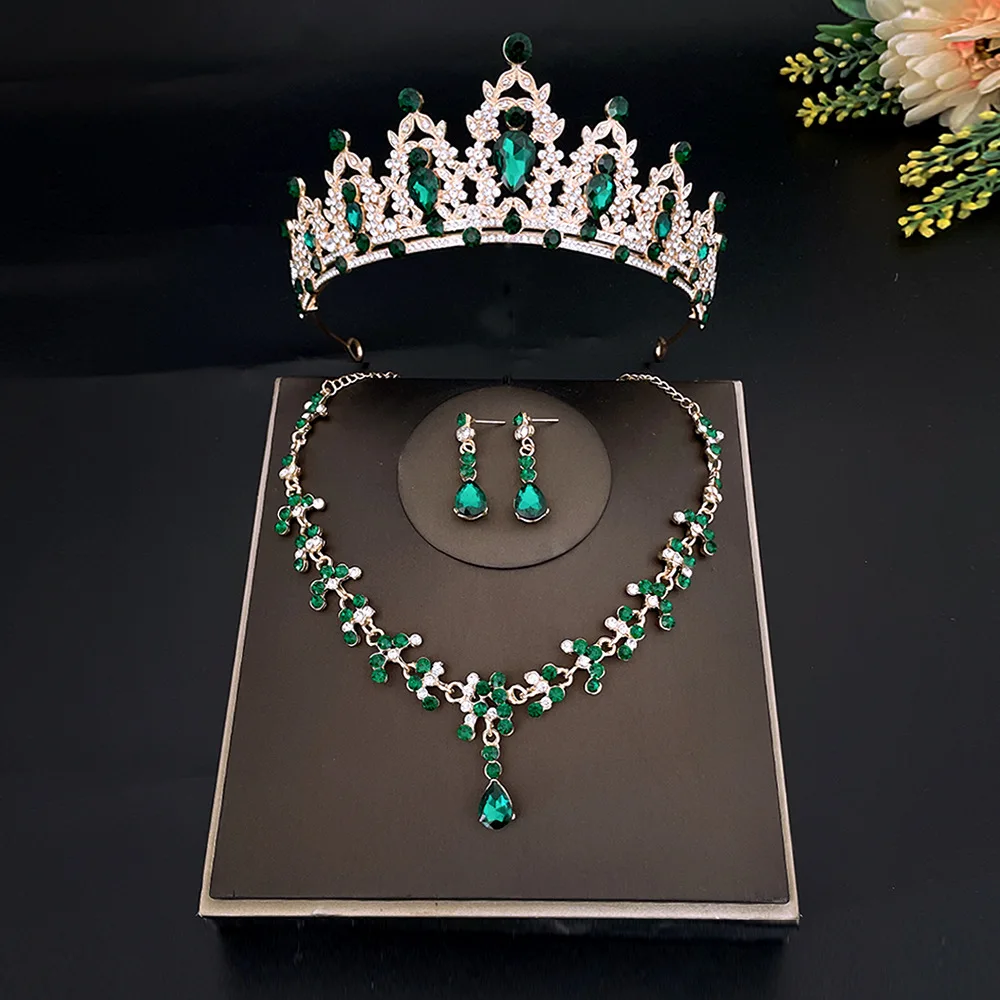 Bride Colorful Crystal Wedding Tiara Three-piece Bridal Necklaces Earrings Rhinestone Jewelry Sets