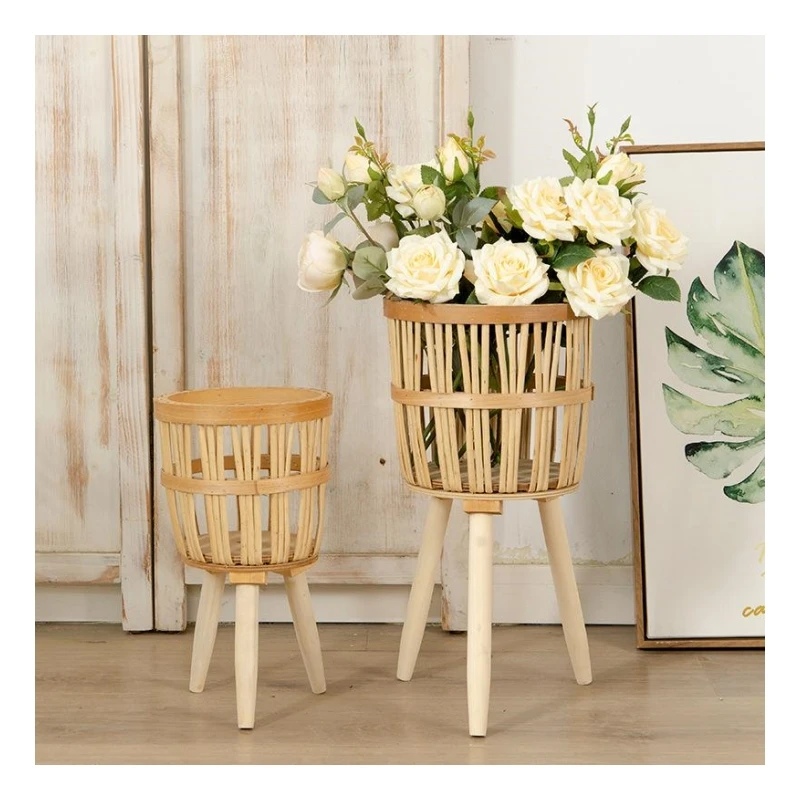 Handmade Natural Rattan Basket Woven Plant Stand with Wooden Legs Wholesale Weave Bamboo Flower Pot Planter for Floor Use